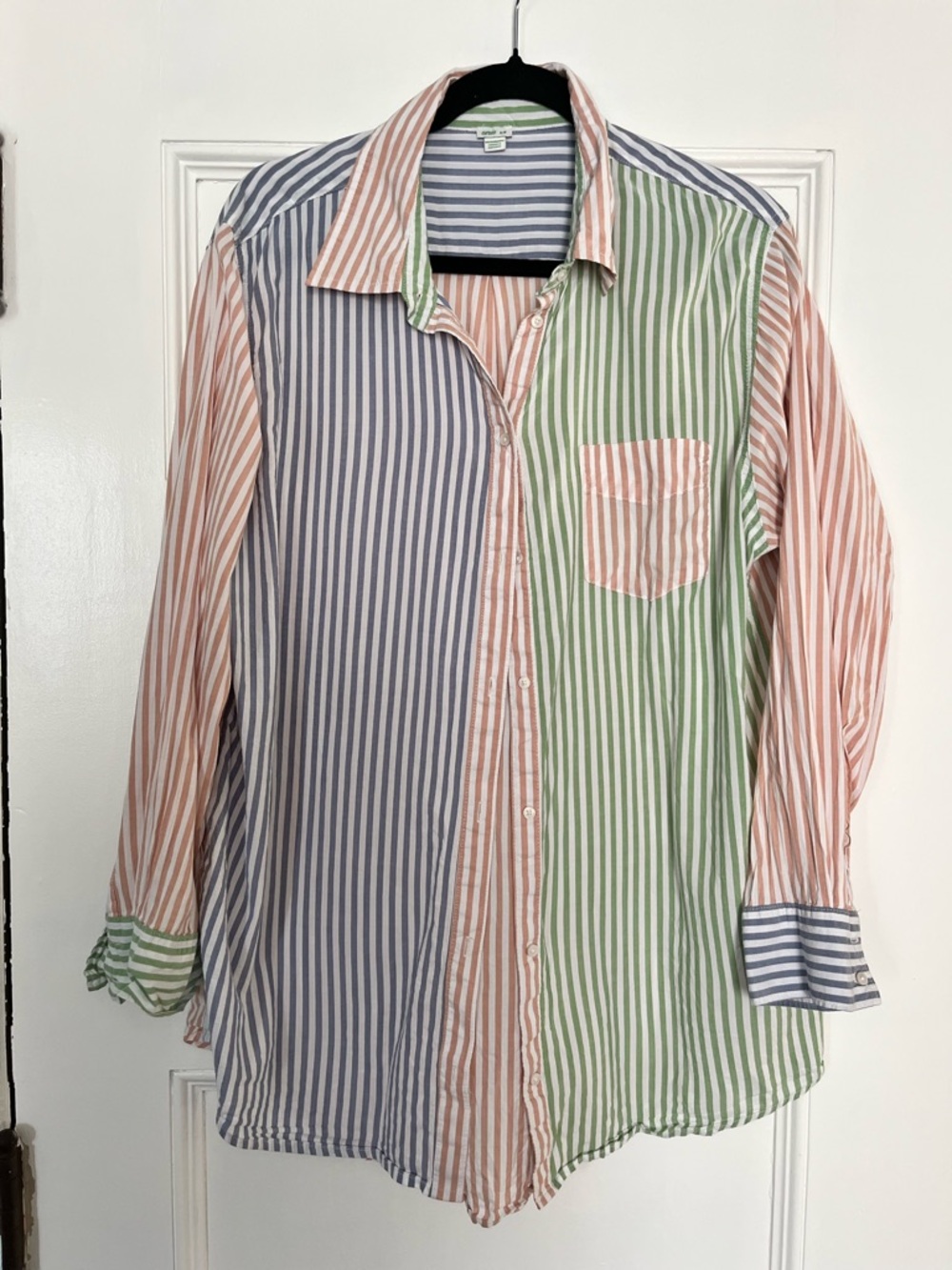 aerie Striped Multi-Panel Button-Down Shirt in Blue, Green & Pink